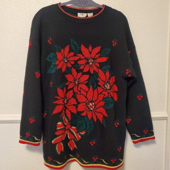 Vintage Nutcracker Ugly Christmas Party Sweater Floral Puensetia Sz L EUC - Picture 1 of 16